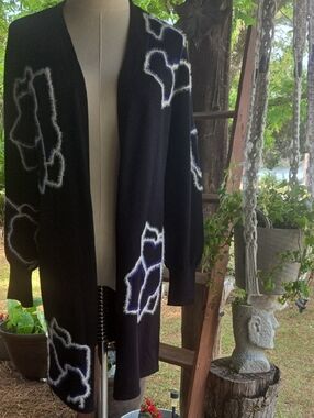 Chico's Black Longline Open Front Cardigan With Abstract Fuzzy Floral Embroidery